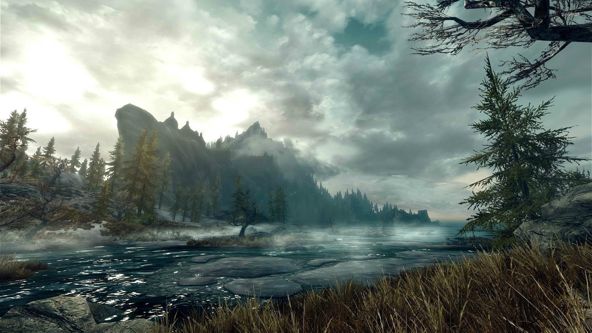 skyrim fondo de pantalla 1080p,paisaje natural,naturaleza,cielo,árbol,captura de pantalla