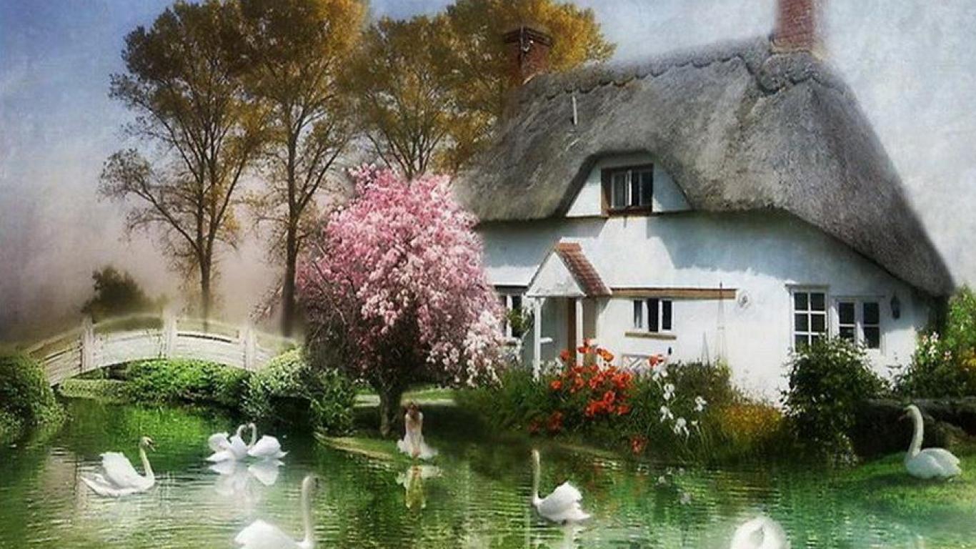 carta da parati inglese cottage,paesaggio naturale,natura,pittura ad acquerello,casa,casa