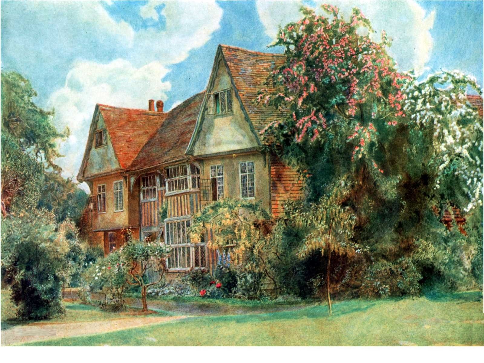 fond d'écran cottage anglais,maison,la peinture,maison,peinture aquarelle,arbre