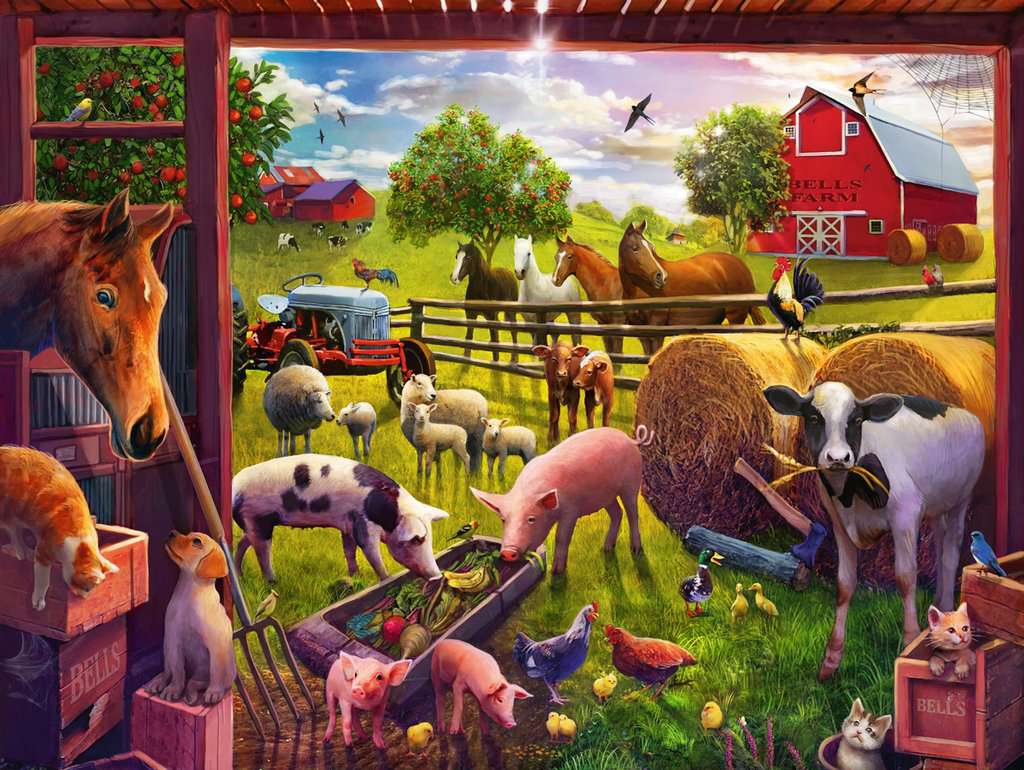 farmyard wallpaper,painting,art,rural area,working animal,organism