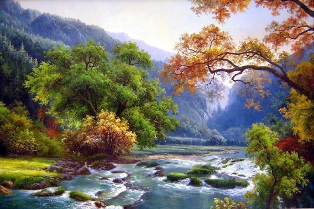 high resolution wallpaper for android,natural landscape,nature,body of water,mountain river,painting