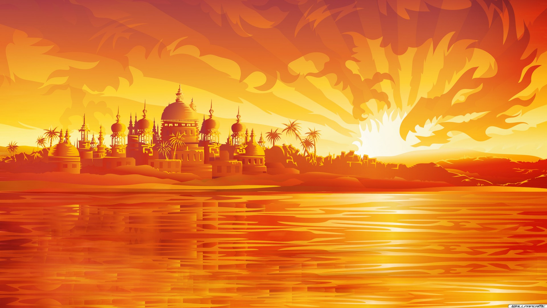 dragon city wallpaper,sky,horizon,orange,sunrise,natural landscape