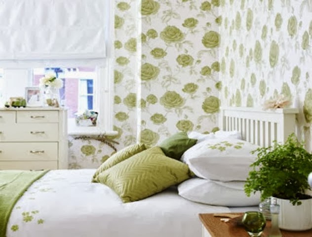 wallpaper dinding cantik,green,room,interior design,furniture,bedroom