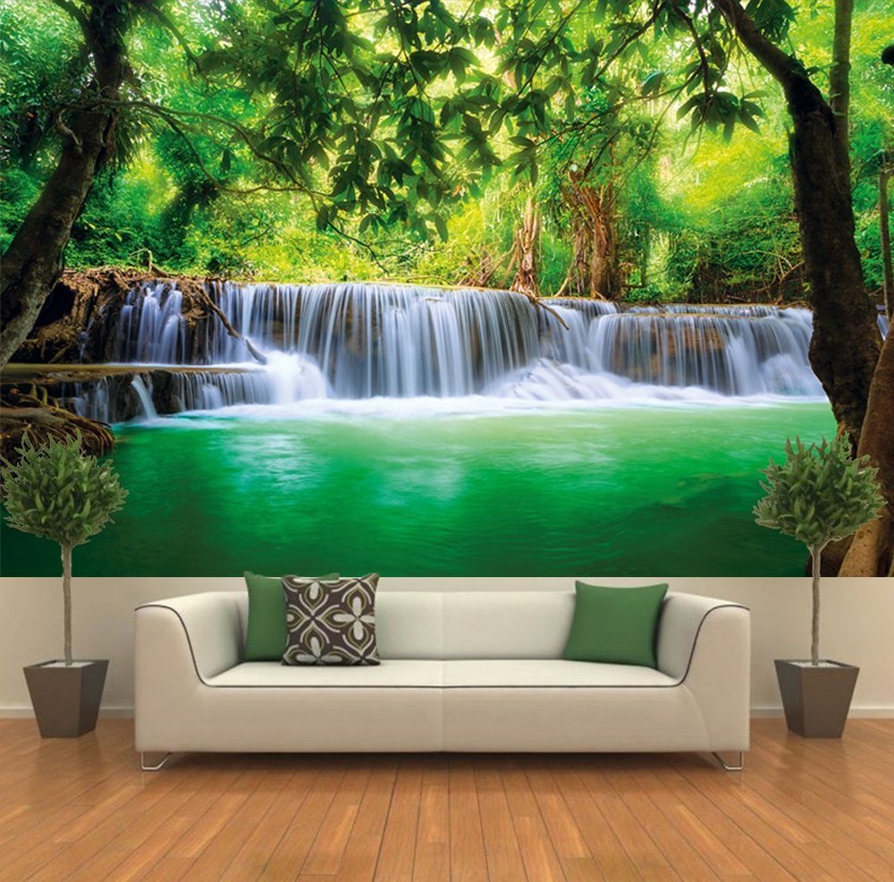 jual wallpaper 3d,natürliche landschaft,natur,wasserfall,wandgemälde,grün