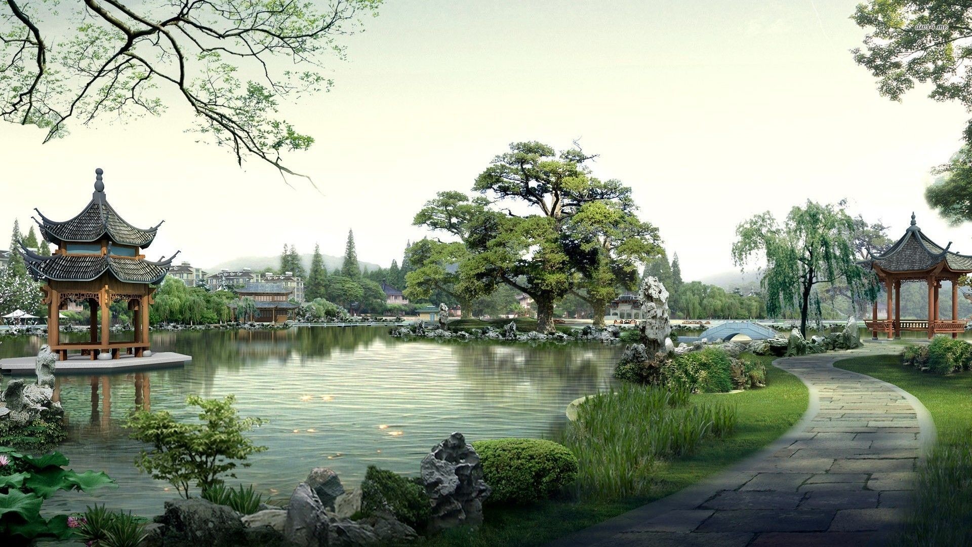 japan desktop wallpaper,nature,pond,natural landscape,chinese architecture,botany