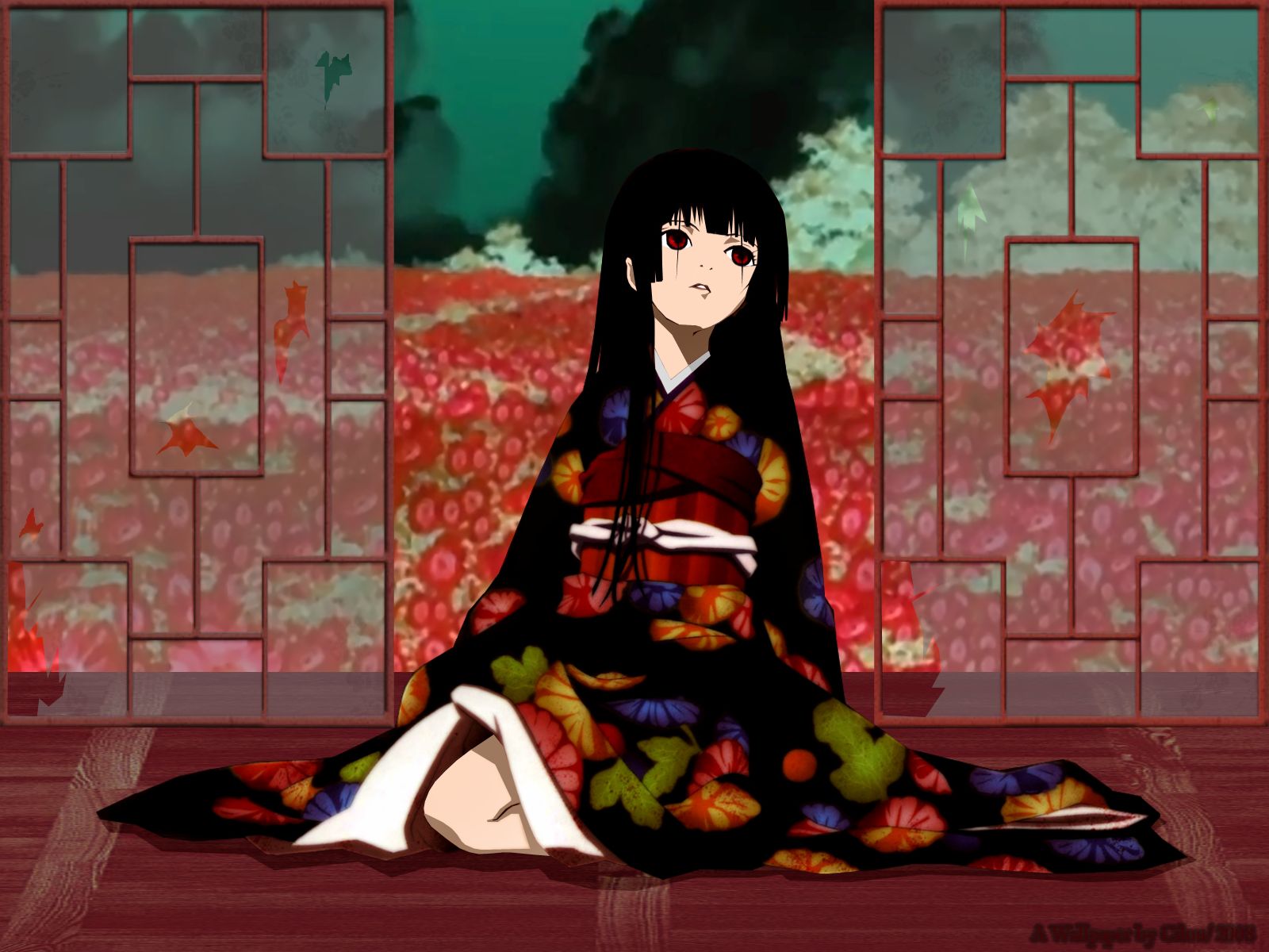 jigoku shoujo wallpaper,cartoon,anime,black hair,art,sitting