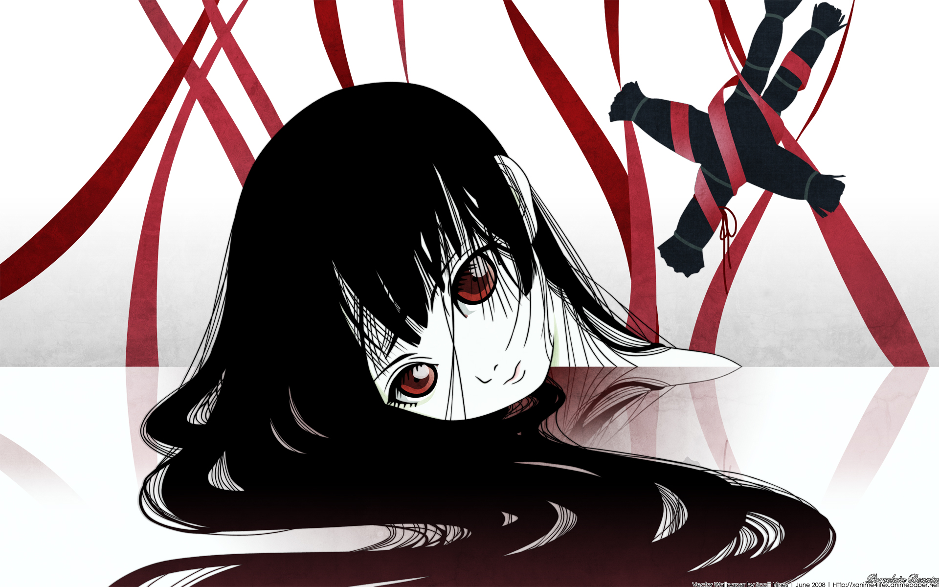 jigoku shoujo wallpaper,black hair,cartoon,anime,hime cut,long hair