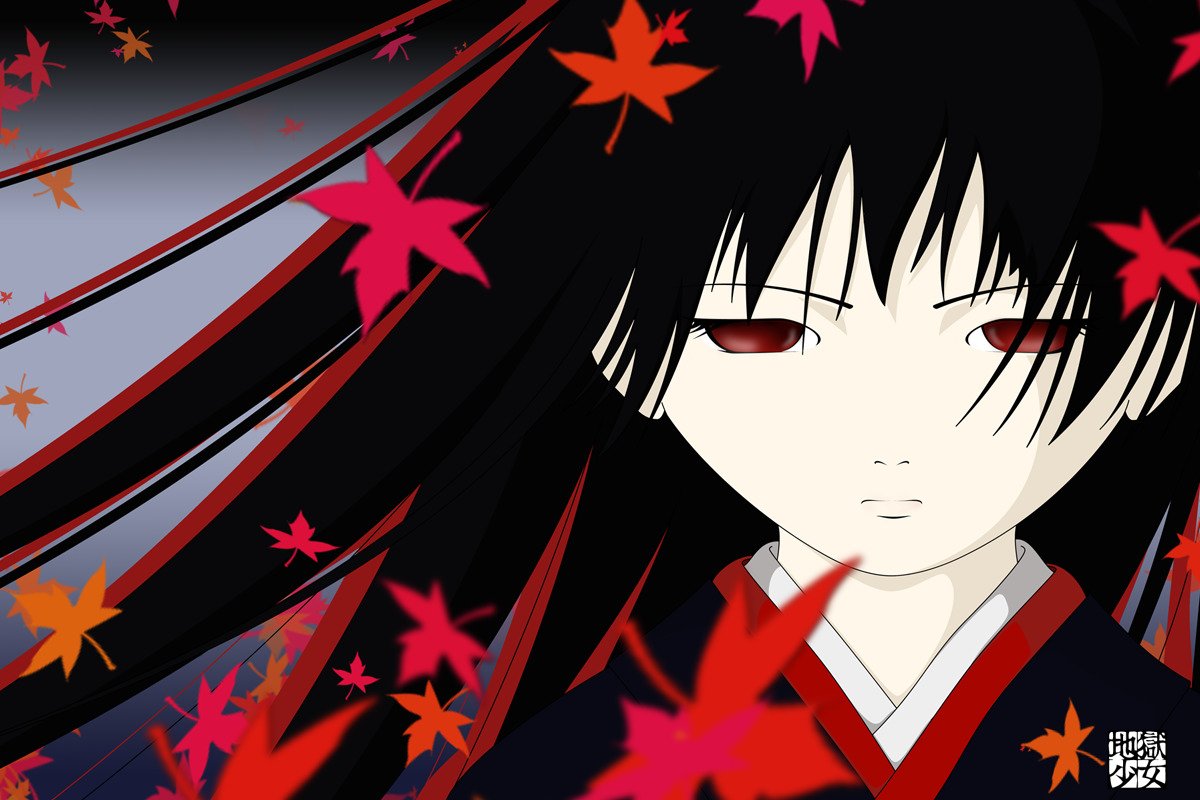 jigoku shoujo wallpaper,cartoon,anime,red,cg artwork,hime cut