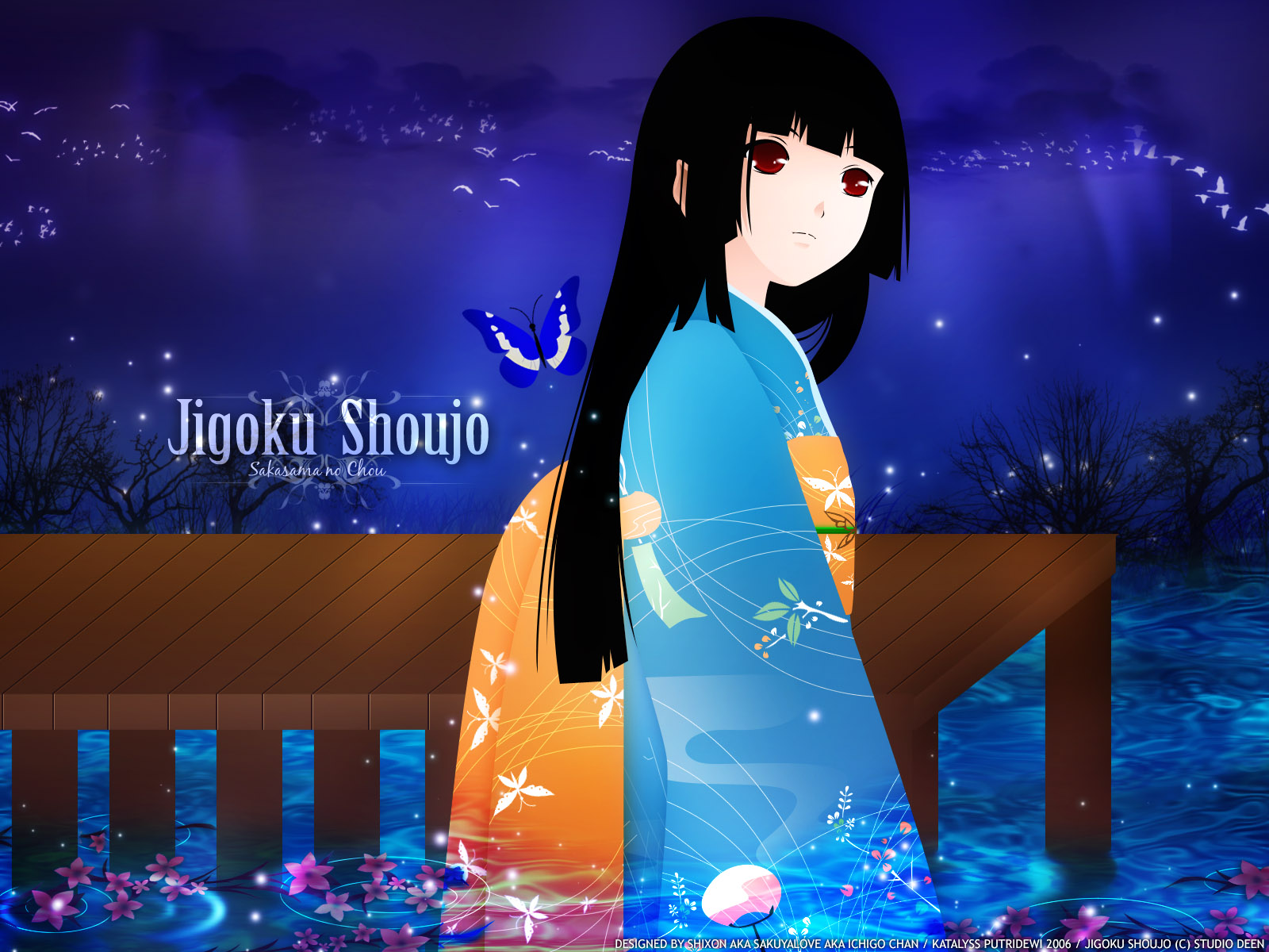 jigoku shoujo wallpaper,anime,black hair,sky,cg artwork,animation