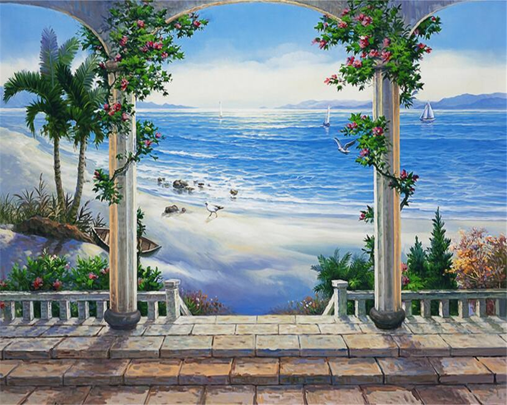 wallpaper pemandangan 3d,tree,sky,wall,sea,mural