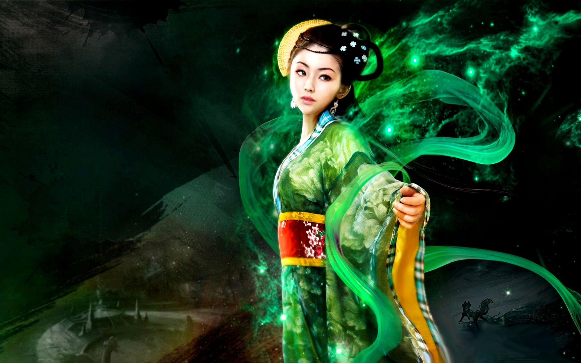 3d princess wallpaper,cg artwork,green,fictional character,illustration,black hair