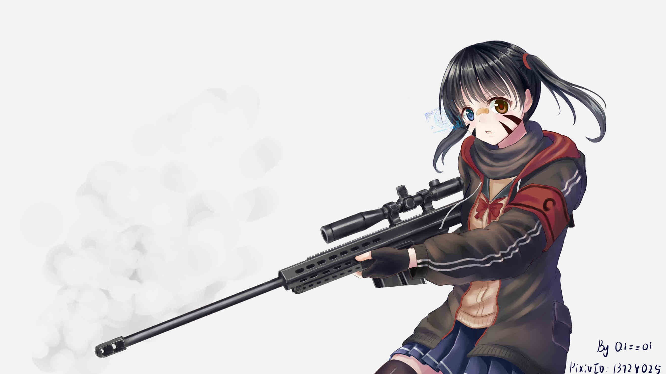 short wallpaper,gun,firearm,anime,black hair,recreation