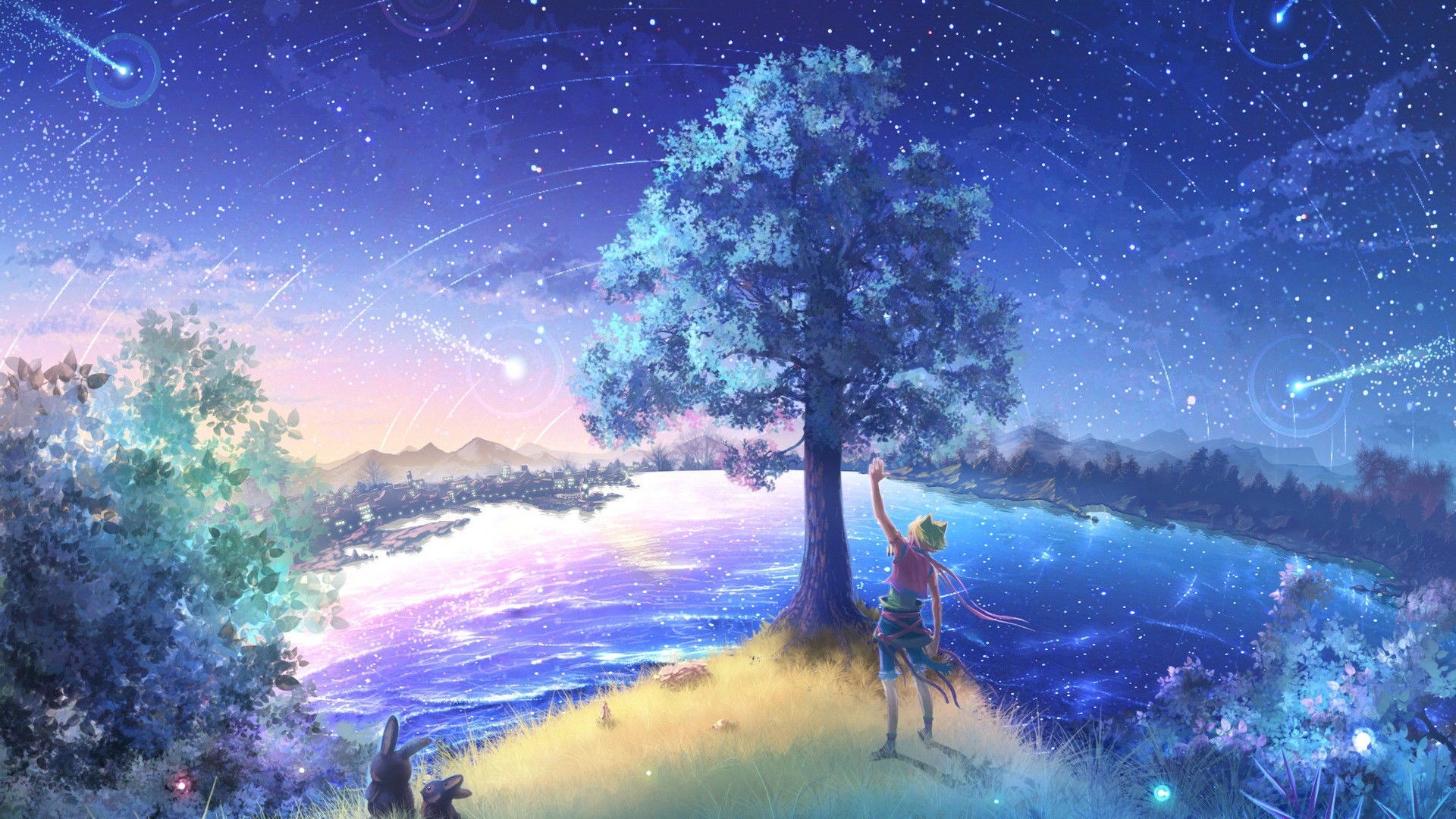 beautiful anime wallpaper,nature,sky,natural landscape,tree,painting