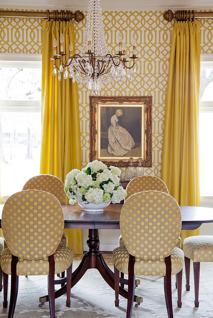 modern yellow wallpaper,curtain,room,interior design,dining room,furniture