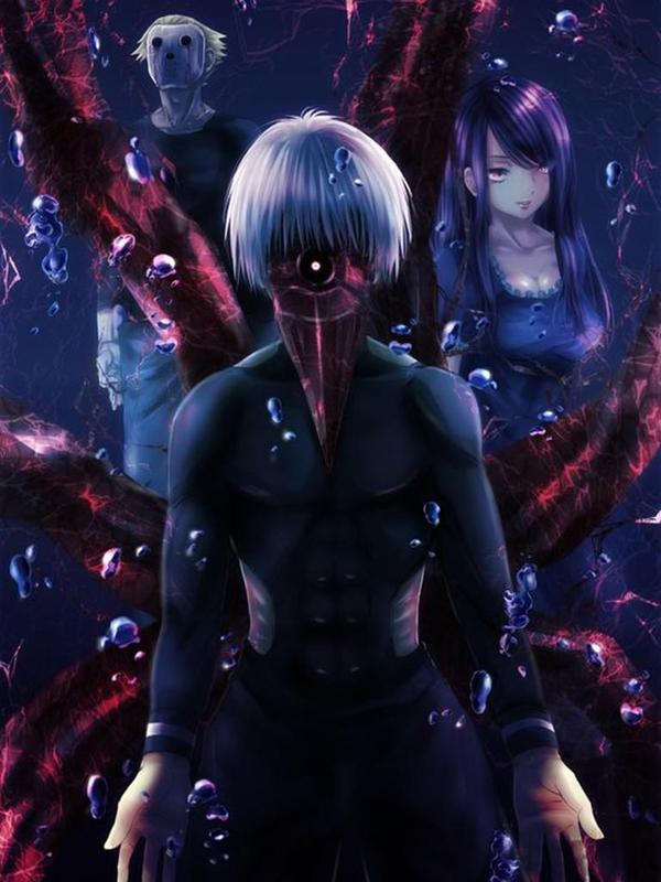 fond d'écran tokyo ghoul android,oeuvre de cg,anime,ténèbres,personnage fictif,cheveux noirs