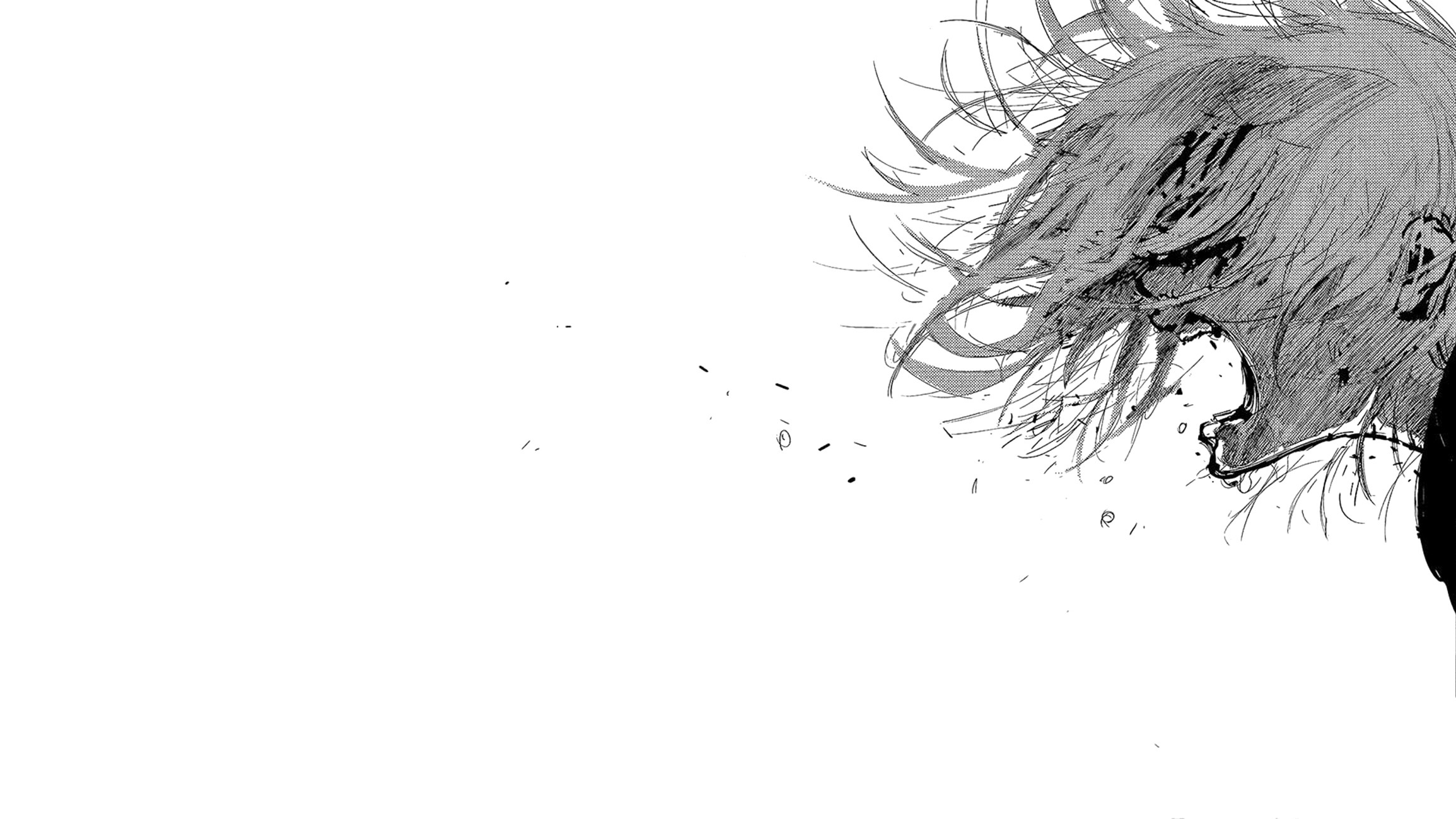 fond d'écran manga tokyo ghoul,cheveux,visage,blanc,tête,noir et blanc