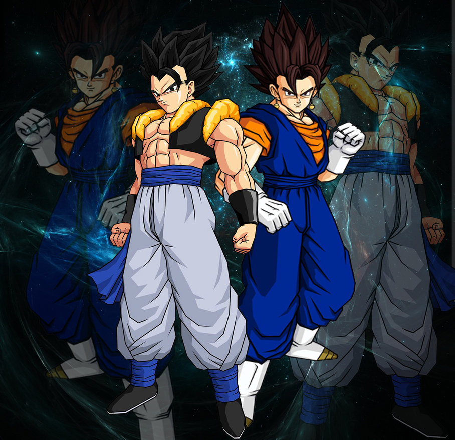 fondo de pantalla de gogeta y vegito,anime,dibujos animados,esfera del dragón,obra de arte,personaje de ficción