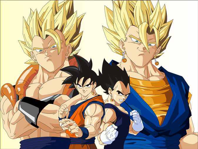 gogeta and vegito wallpaper,anime,cartoon,dragon ball,artwork,fictional character