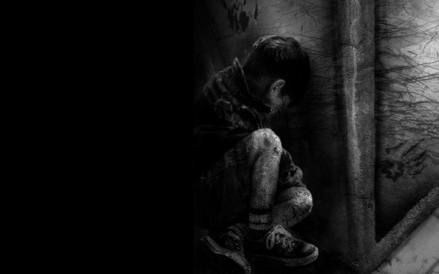 孤独な悲しい少年の壁紙,黒,闇,黒と白,モノクロ写真,モノクローム