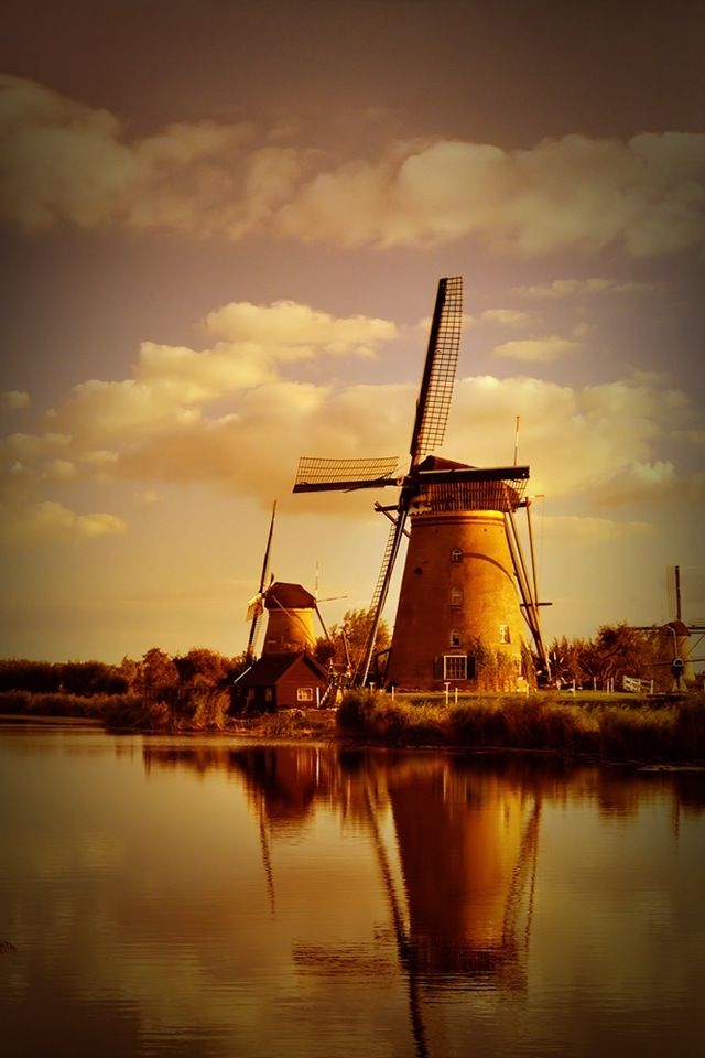 carta da parati olandese,mulino a vento,paesaggio naturale,cielo,riflessione,turbina eolica