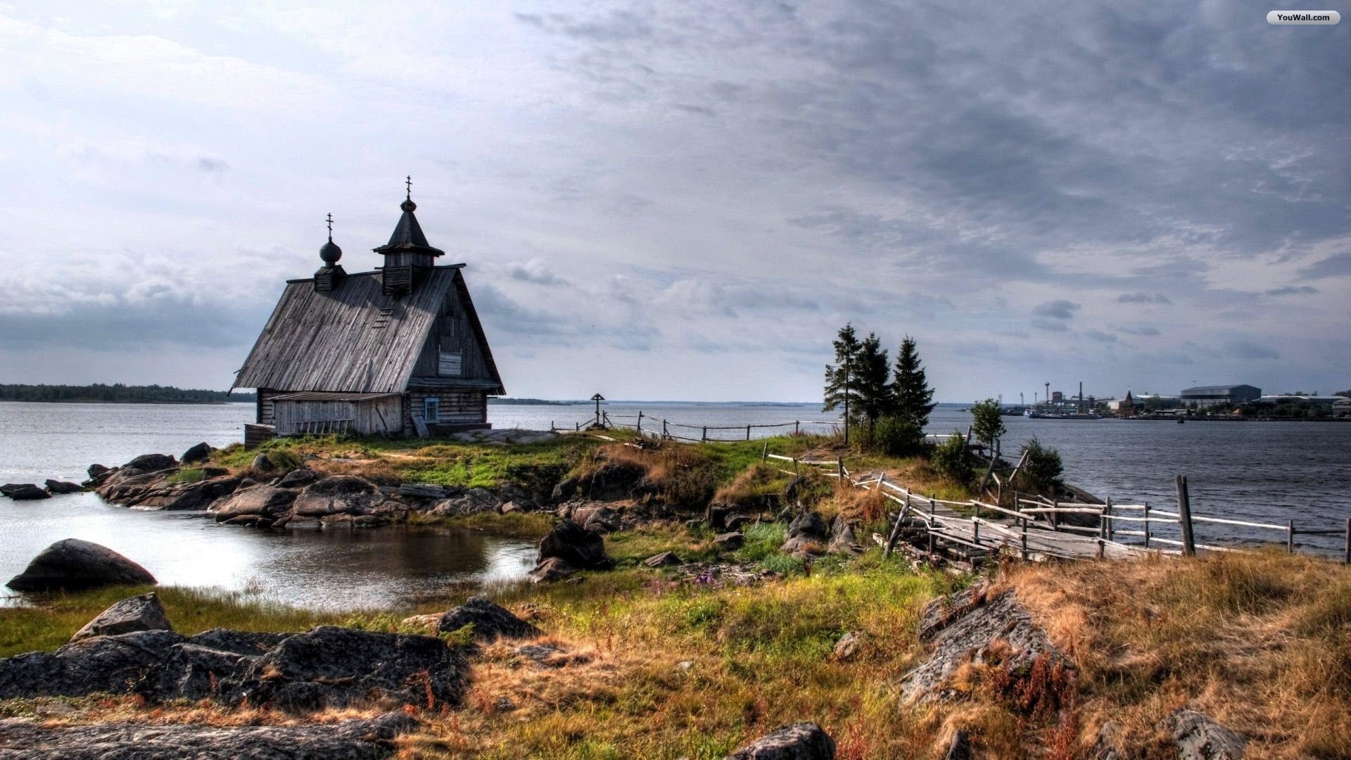 old house wallpaper,sky,natural landscape,loch,shore,sea