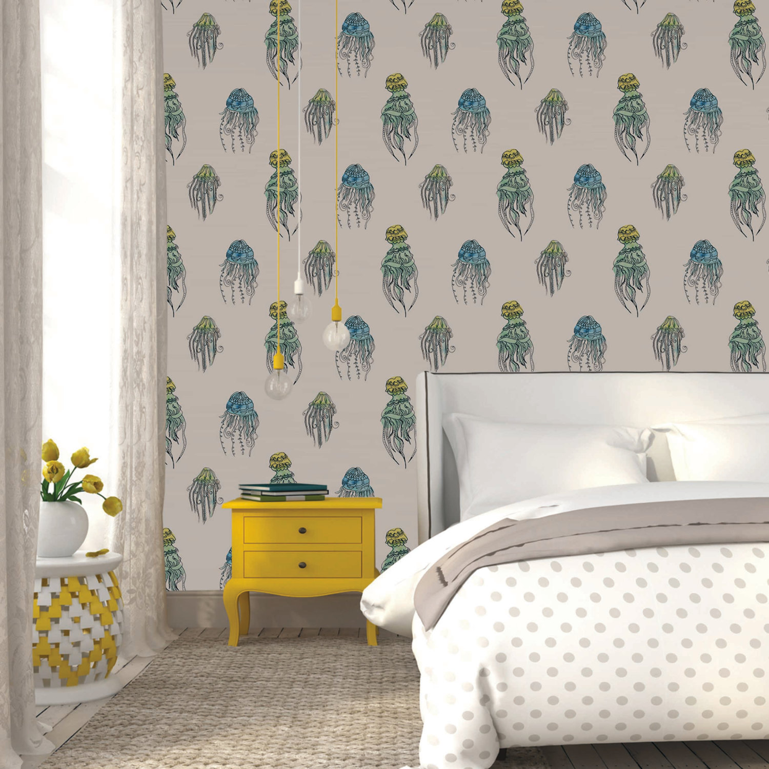 yellow removable wallpaper,green,room,wallpaper,interior design,curtain