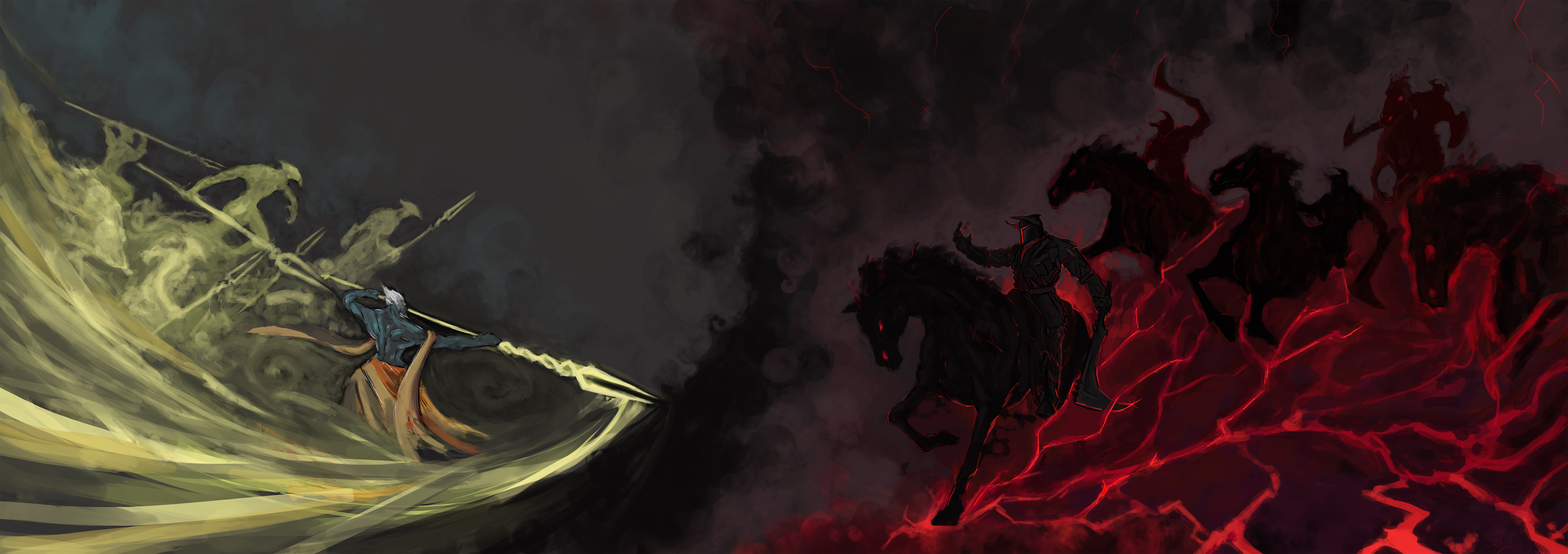 fond d'écran para 2 moniteurs,oeuvre de cg,démon,cheval,ténèbres,illustration