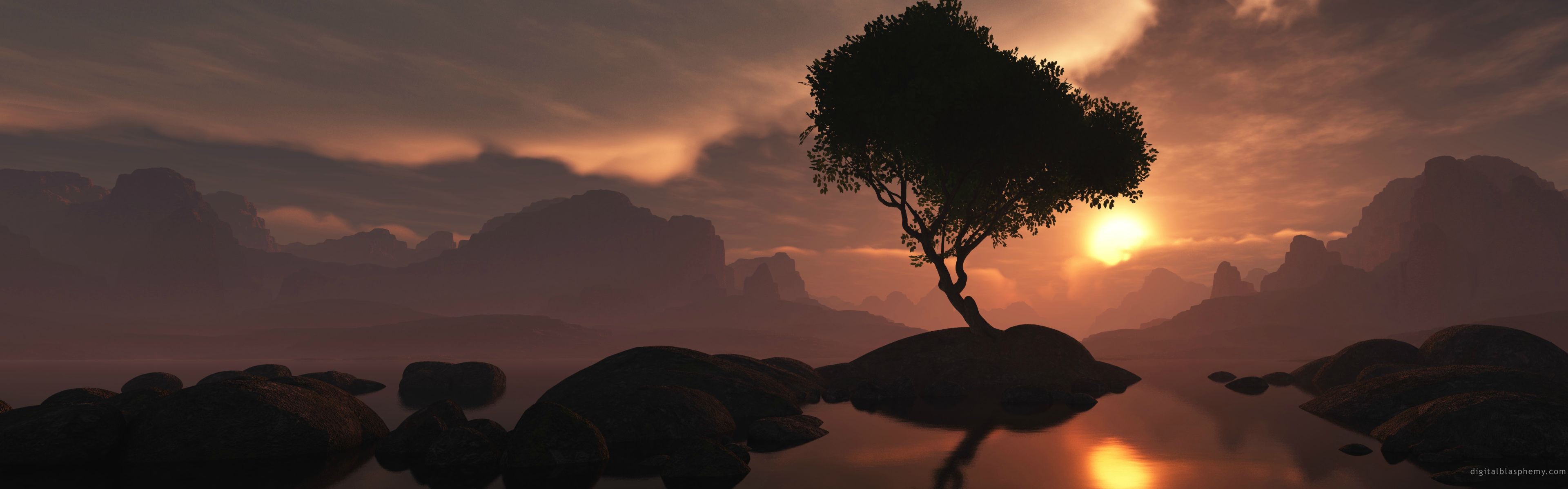 tapete 2 monitore,natur,himmel,natürliche landschaft,baum,morgen