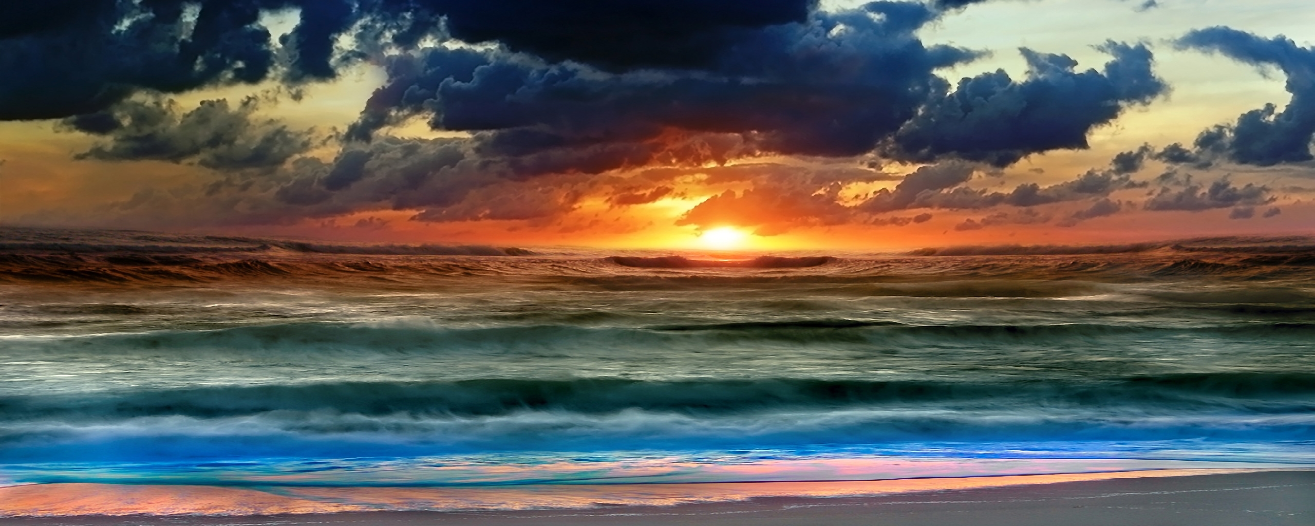 panoramic desktop wallpaper dual monitors,sky,horizon,body of water,nature,afterglow