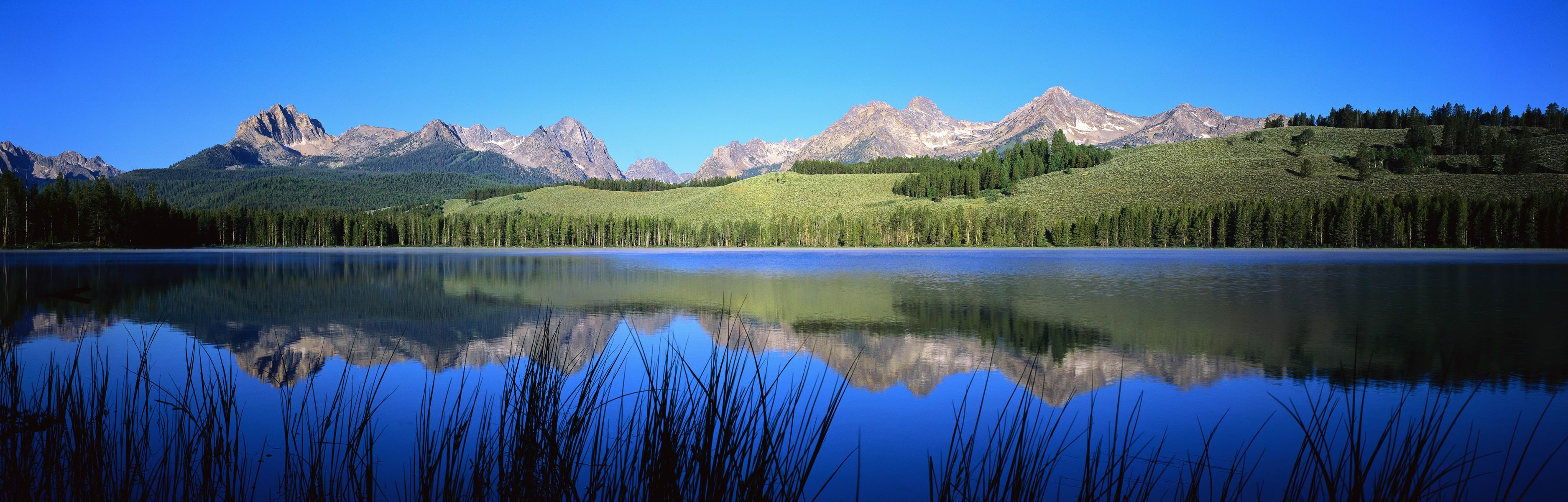 panoramic desktop wallpaper dual monitors,natural landscape,nature,mountain,mountainous landforms,reflection