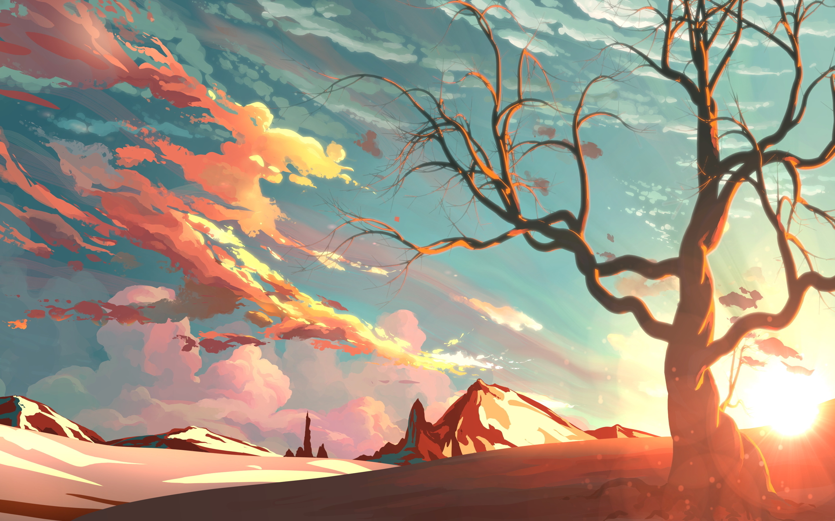 digital painting wallpaper,sky,geological phenomenon,tree,landscape,illustration