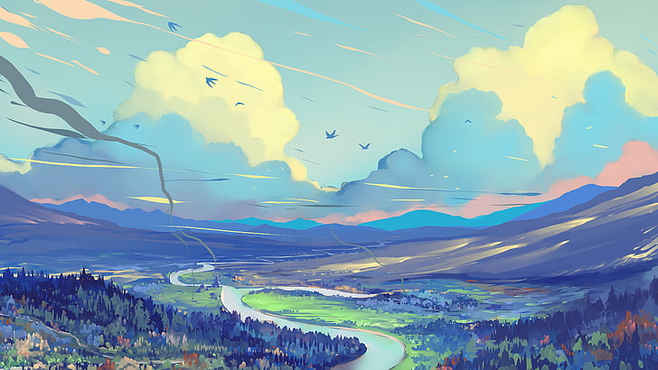 fondo de pantalla de pintura digital,paisaje natural,cielo,pintura de acuarela,pintura,montaña