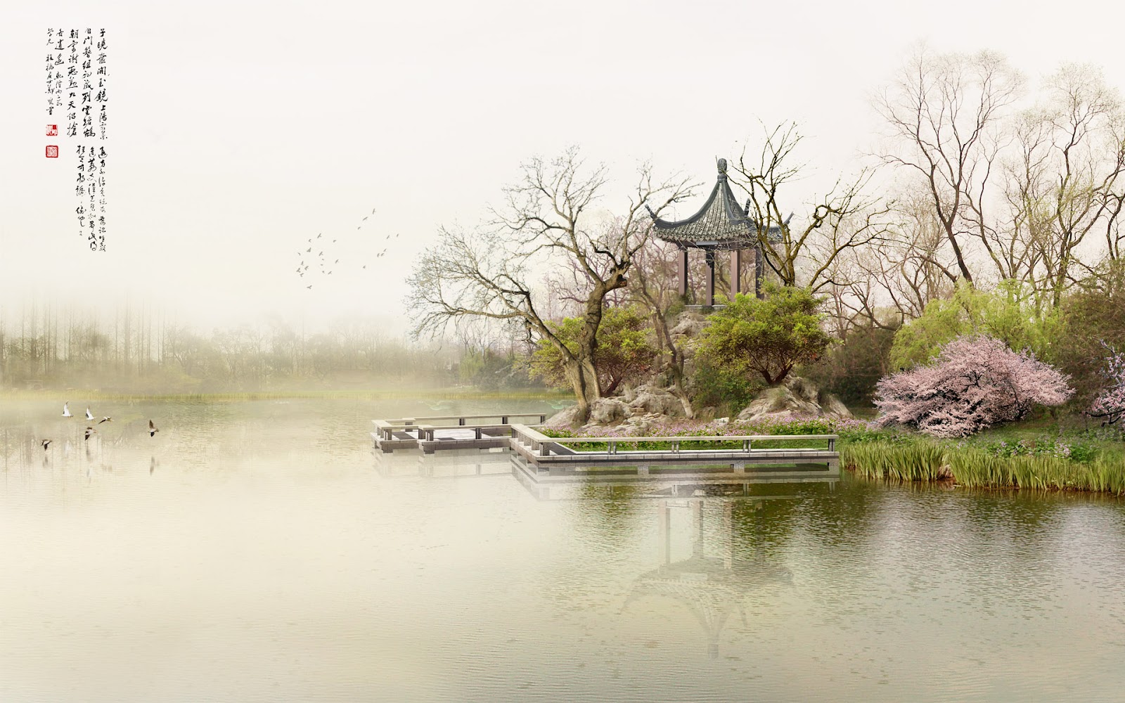papel pintado de la pintura china,paisaje natural,naturaleza,agua,banco,río