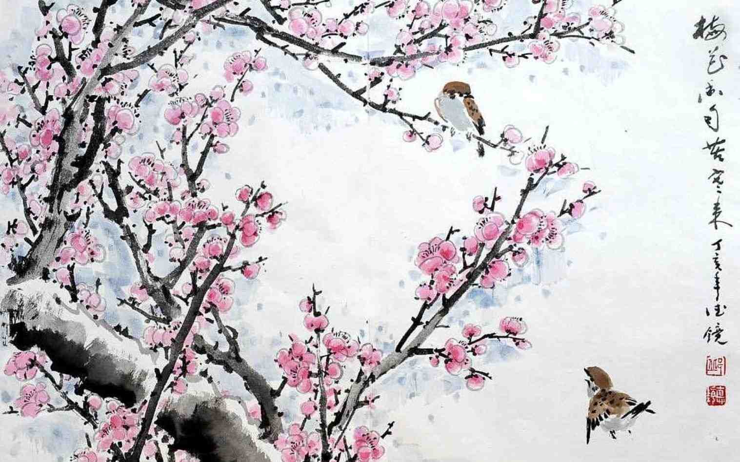 papel pintado de la pintura china,florecer,flor,primavera,planta,árbol