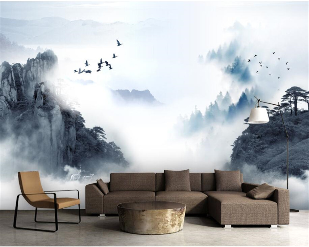 chinese painting wallpaper,wall,natural landscape,furniture,wallpaper,room