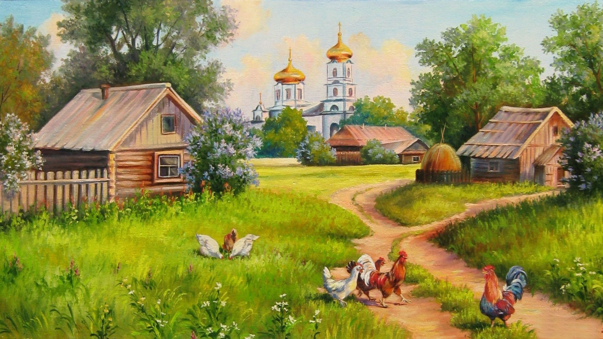 village painting wallpaper,natural landscape,painting,watercolor paint,rural area,meadow