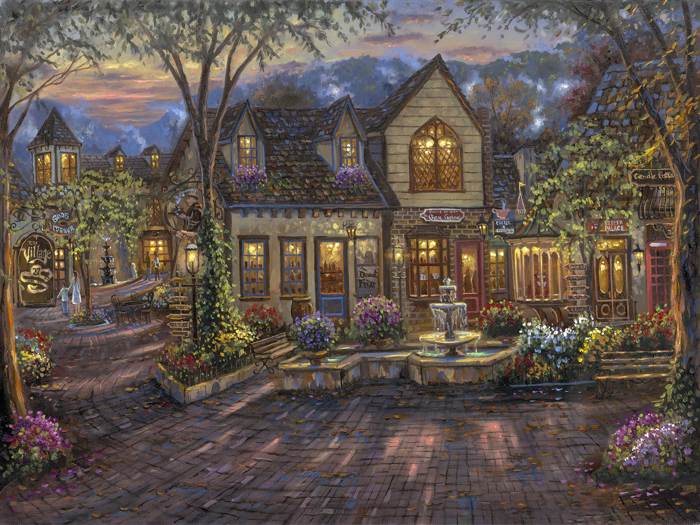 village painting wallpaper,home,house,building,tree,painting