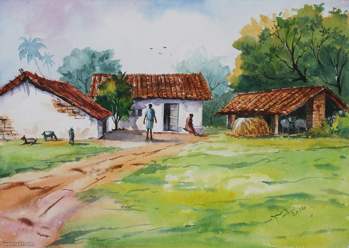 village painting wallpaper,watercolor paint,painting,rural area,art,house