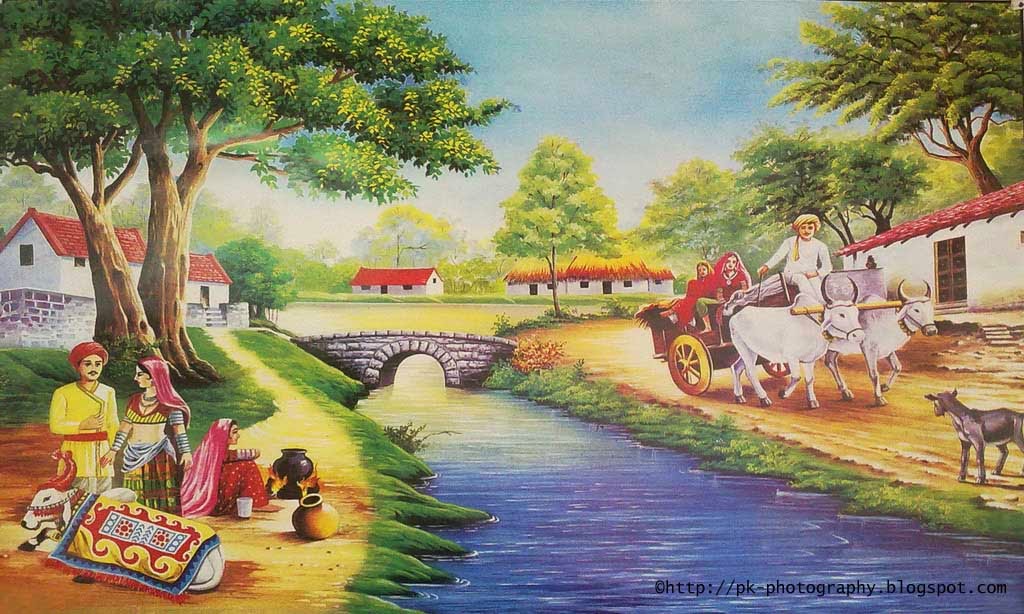 village painting wallpaper,painting,rural area,art,watercolor paint,visual arts