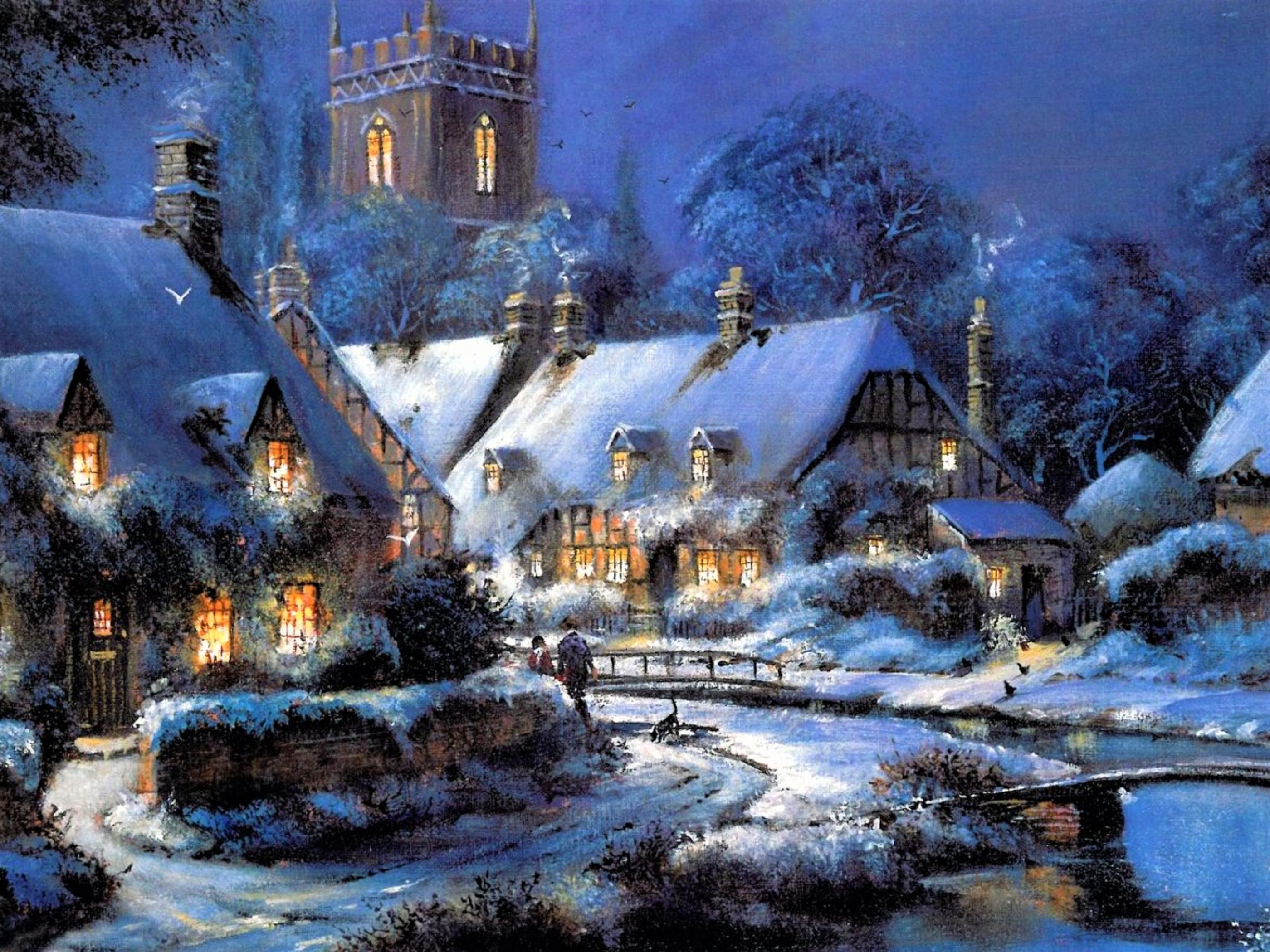 村の絵の壁紙,冬,水彩絵の具,ペインティング,雪,風景