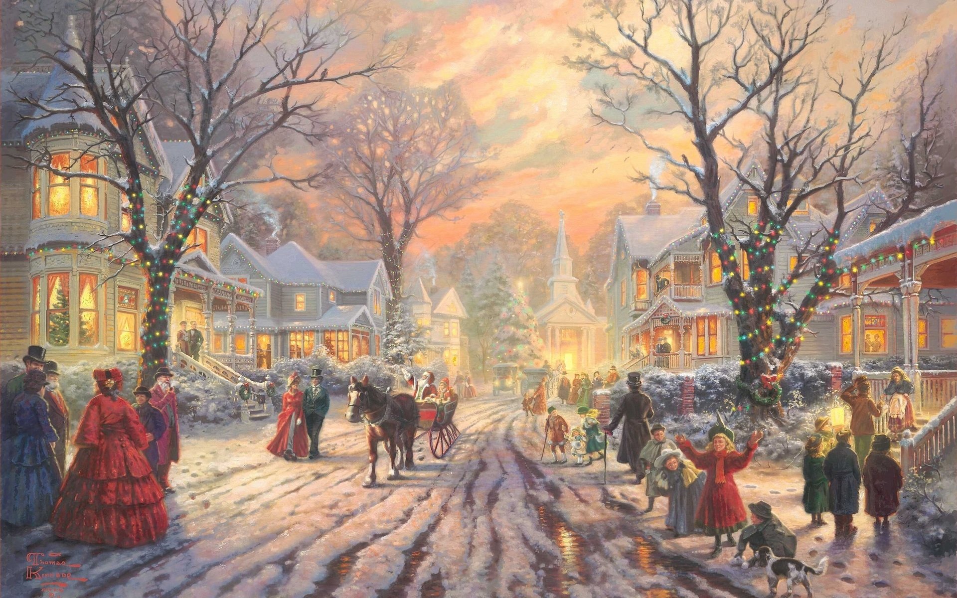 village painting wallpaper,painting,winter,evening,art,visual arts