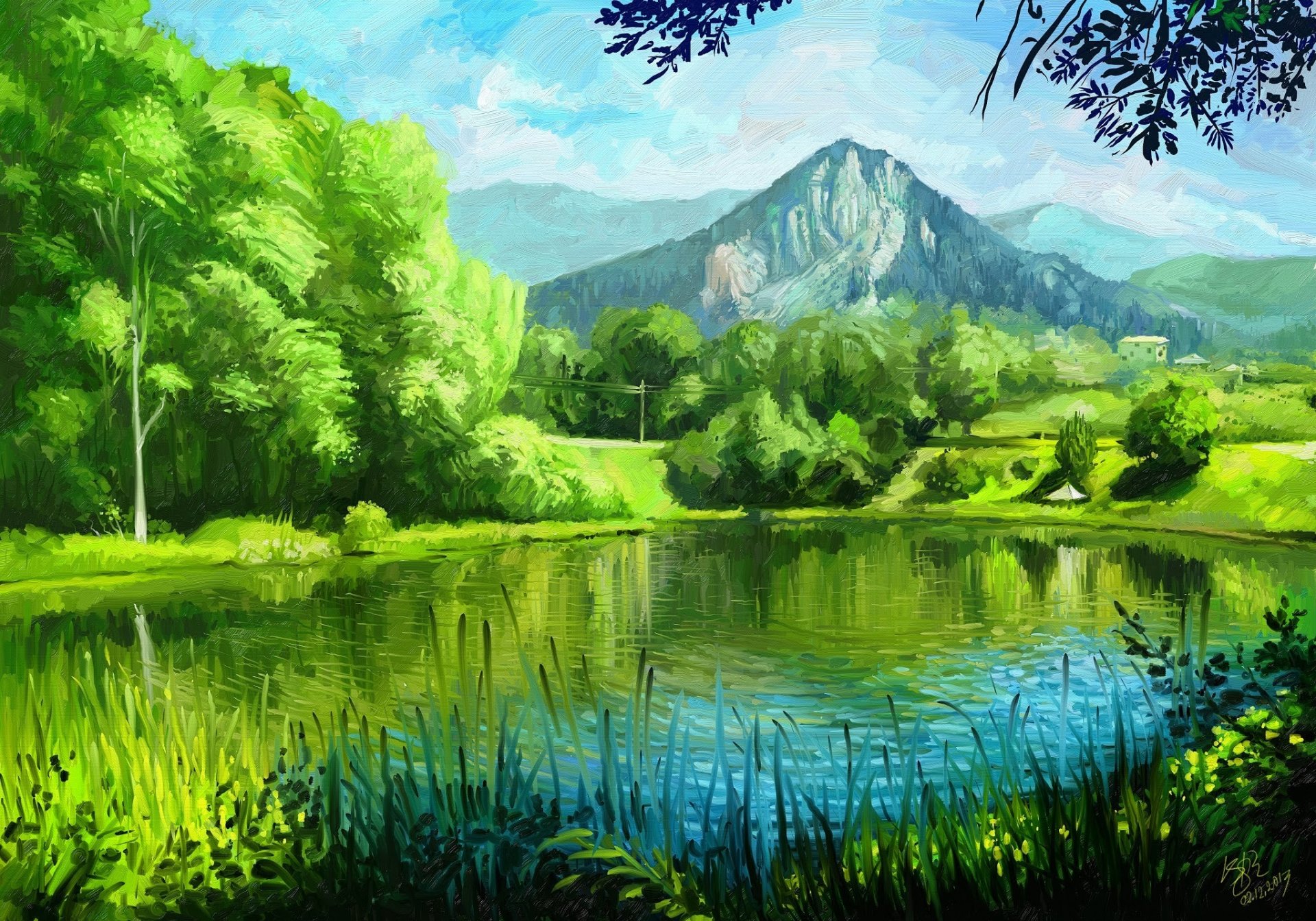 carta da parati pittura natura,paesaggio naturale,natura,verde,risorse idriche,riflessione