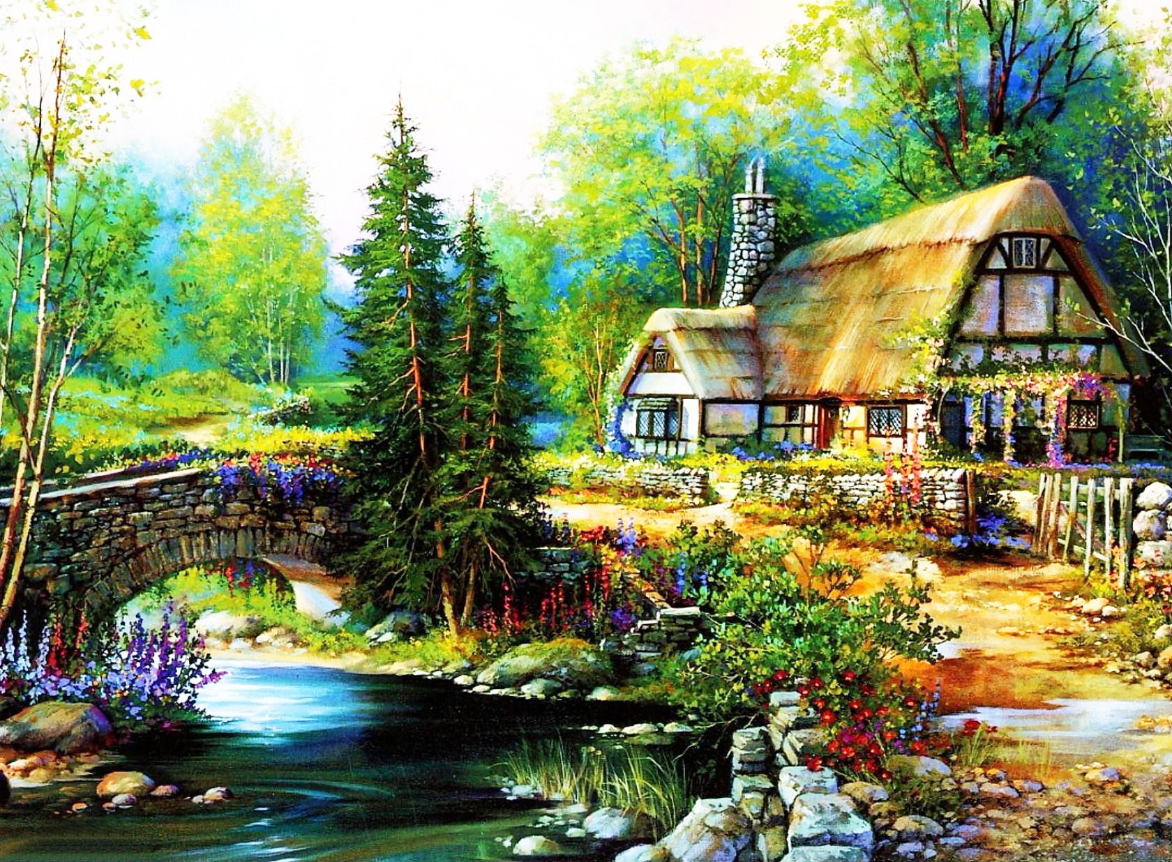 美しい絵画の壁紙,自然の風景,自然,ペインティング,水彩絵の具,家
