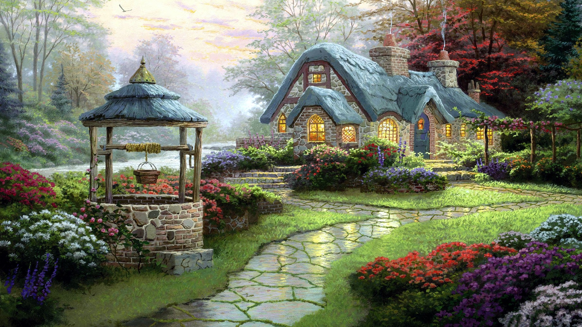 beautiful painting wallpaper,natural landscape,nature,garden,gazebo,painting