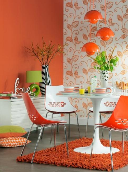 wallpaper and paint combination ideas,orange,furniture,room,table,red