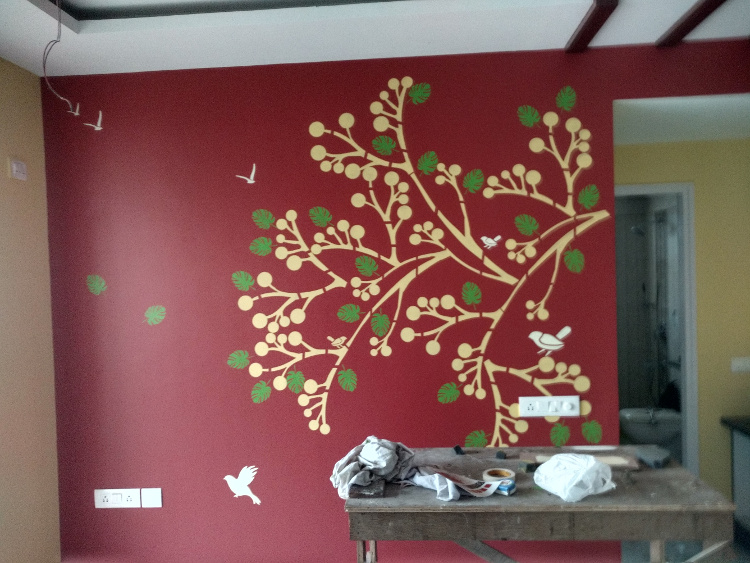 idee di combinazione di carta da parati e vernice,parete,adesivo da parete,albero,camera,murale