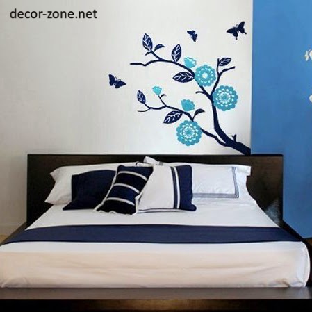 ideas de combinación de papel tapiz y pintura,pegatina de pared,pared,habitación,cama,árbol