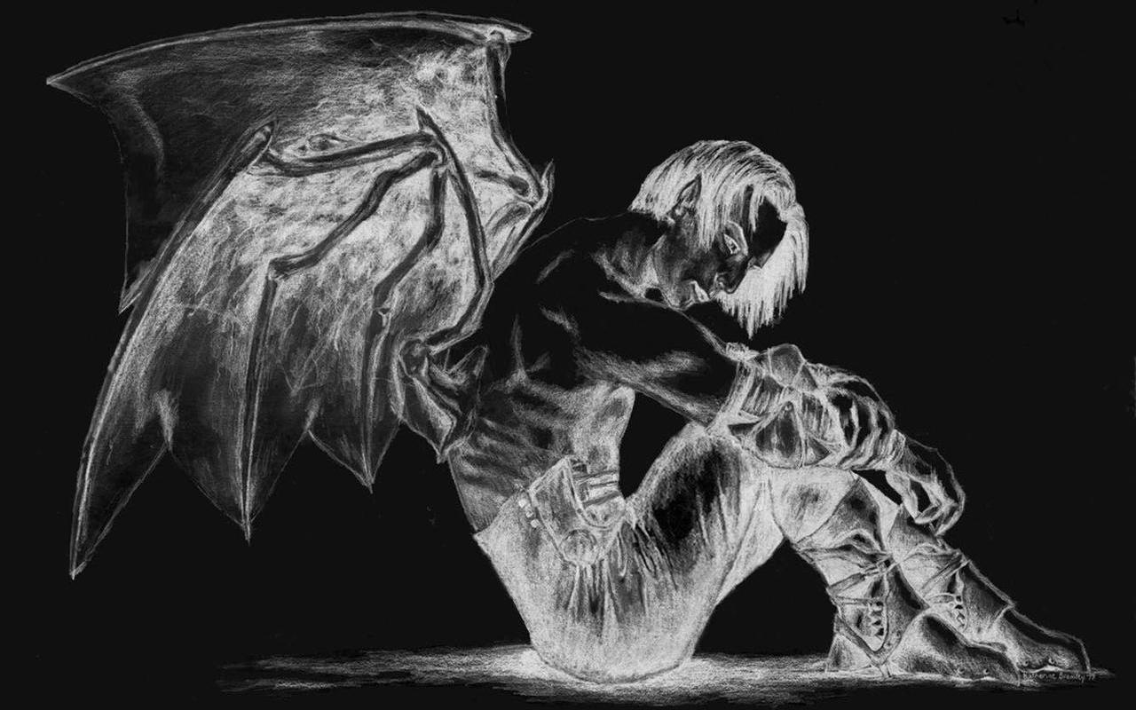 3d angel wallpaper,black and white,demon,fictional character,photography,darkness