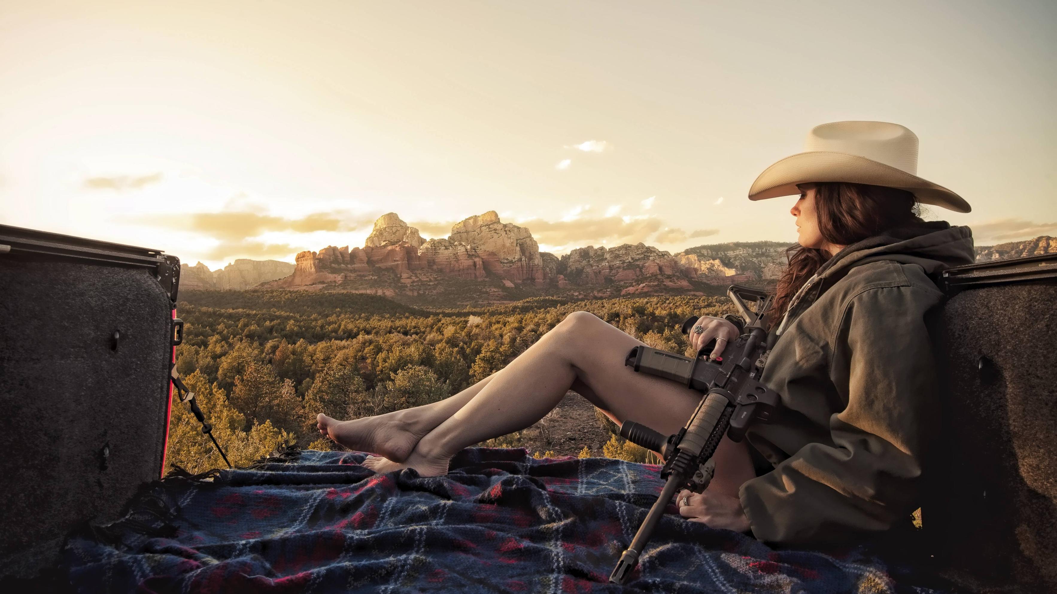 country girl wallpaper,sky,cowboy hat,landscape,human,headgear