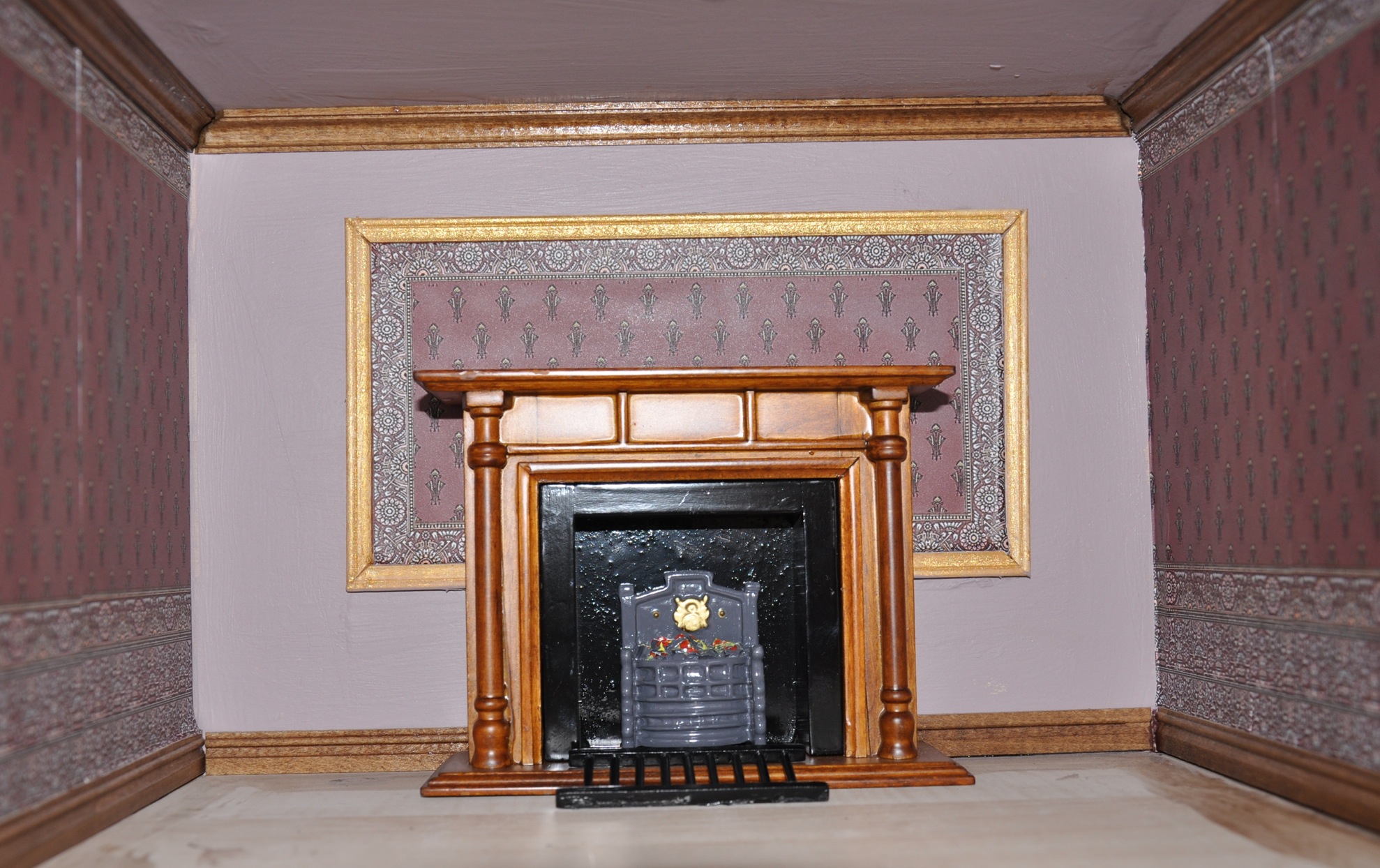 wallpaper on bottom half of wall,hearth,fireplace,room,molding,marble